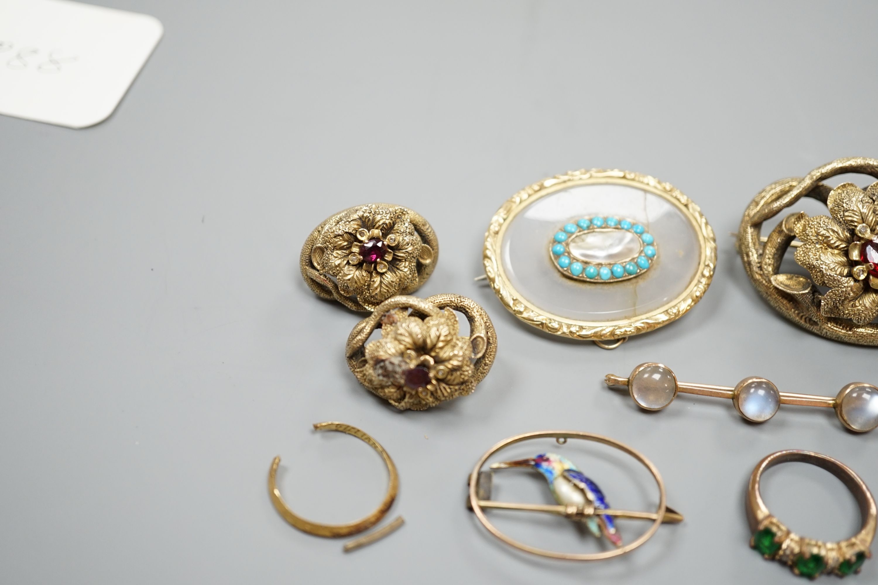 A 9ct and three stone cabochon moonstone set bar brooch, 48mm, a yellow metal and enamel Kingfisher brooch(a.f.) and other jewellery including Victorian brooches, etc.